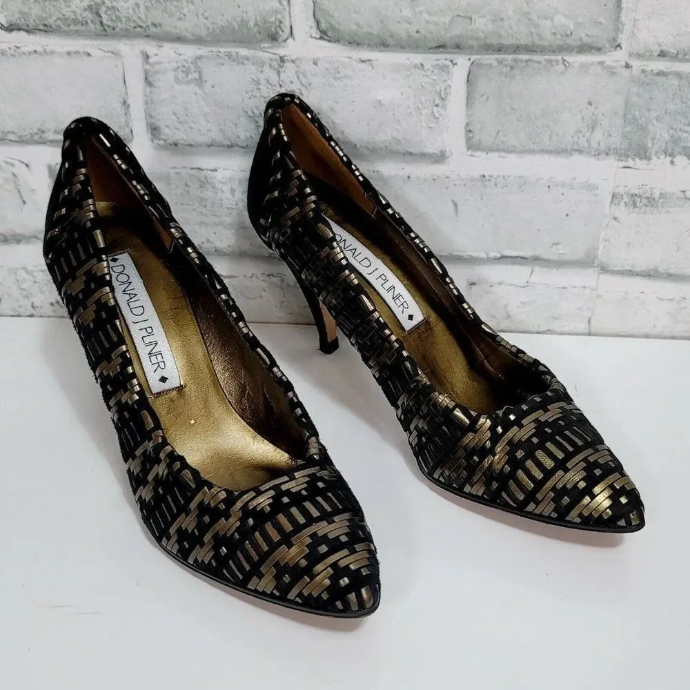 Vintage 90s Donald J Pliner Womens 7.5 Woven Black Gold Pump Heels‎